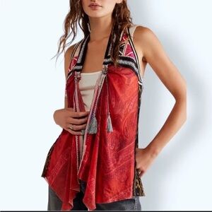 Free People We The Free “The Best” Vest Medium Red Black Embroidered Tie Front M